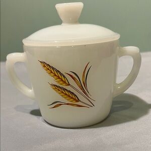 Fire King White Lidded Sugar Bowl Vintage Wheat Design